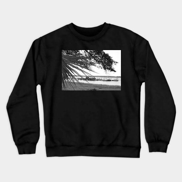 At the Dock, Black and White Crewneck Sweatshirt by Ckauzmann